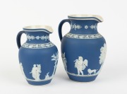 LEAR graduated pair of antique English blue Jasper Ware pottery jugs, 19th century, impressed "LEAR", the larger 19.5cm high - 2