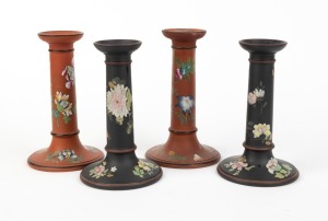 WEDGWOOD "Capri Ware" two pairs of antique English candlesticks with floral enamel decoration, 19th century, (4 items), stamped "WEDGWOOD", 18cm high 