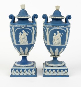 ADAMS pair of fine quality antique English blue Jasper Ware pottery lidded mantle urns, 18th/19th century, impressed "ADAMS", 24cm high