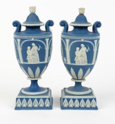 ADAMS pair of fine quality antique English blue Jasper Ware&nbsp;pottery lidded mantle urns, 18th/19th century, impressed "ADAMS", 24cm high