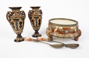 Antique Continental​​​​​​​ majolica pottery salad bowl, matching servers and pair of mantle vases, 19th/20th century, (5 items), the vases 22cm high