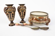 Antique Continental​​​​​​​ majolica&nbsp;pottery salad bowl, matching servers and pair of mantle vases, 19th/20th century, (5 items), the vases 22cm high
