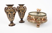 Antique Continental​​​​​​​ majolica&nbsp;pottery salad bowl, matching servers and pair of mantle vases, 19th/20th century, (5 items), the vases 22cm high - 2