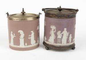 WEDGWOOD two antique English lilac Jasper Ware pottery biscuit barrels with silver plated mounts, 19th century, the larger 24cm high including handle