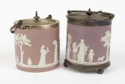 WEDGWOOD two antique English lilac Jasper Ware pottery biscuit barrels with silver plated mounts, 19th century, the larger 24cm high including handle - 2