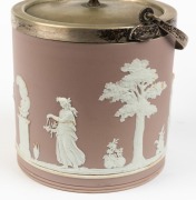 WEDGWOOD two antique English lilac Jasper Ware pottery biscuit barrels with silver plated mounts, 19th century, the larger 24cm high including handle - 3