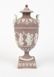 WEDGWOOD antique English lilac Jasper Ware lidded pottery mantle urn, circa 1860, impressed "WEDGWOOD", 24cm high