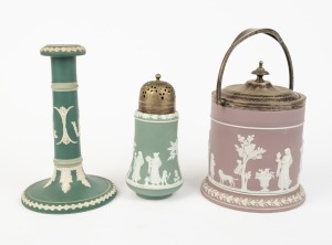 WEDGWOOD antique English lilac Jasper Ware pottery biscuit barrel with silver plated mounts, together with a WEDGWOOD green Jasper Ware pottery sugar castor with silver plated top and a DUDSON BROTHERS antique English green Jasper Ware pottery candlestick with impressed mark to base, 19th century, (3 items), the candlestick 21cm high