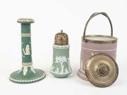 WEDGWOOD antique English lilac Jasper Ware pottery biscuit barrel with silver plated mounts, together with a WEDGWOOD green Jasper Ware pottery sugar castor with silver plated top and a DUDSON BROTHERS antique English green Jasper Ware pottery candlestick - 2