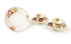 ROYAL WORCESTER English porcelain tea ware comprising of two cups, two saucers and a sandwich plate, (5 items), puce factory mark to bases, the plate 17.5cm diameter