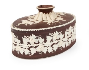 TURNER antique English brown Jasper Ware pottery game tureen with grape motif, circa 1810, impressed mark "TURNER", 13cm high, 26cm wide