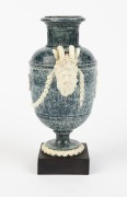 An antique English porcelain urn with face mask handles and classical vignette, circa 1780, bearing "Laver Collection" label to the base, 21cm high overall - 2