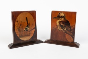 A pair of Australian poker work bookends decorated with kookaburra and fairy wren, 18cm high