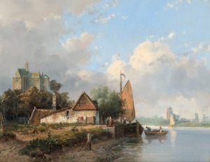 JOHANNES JOSEPHUS DESTR&Eacute;E (1827&ndash;1888), (Dutch river landscape), oil on oak panel, signed lower left "J.J. Destr&eacute;e", 23 x 30cm, 38 x 44cm overall