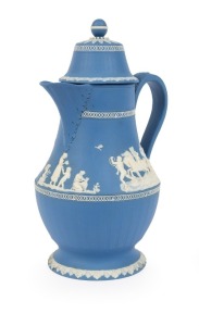 An antique English blue Jasper Ware pottery lidded coffee pot, 18th/19th century, 25cm high