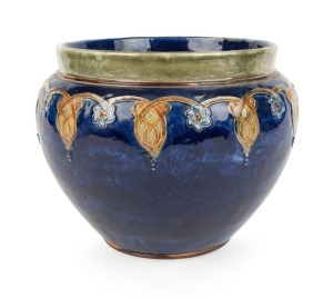 ROYAL DOULTON blue and green glazed stoneware jardiniere, early 20th century, impressed factory mark to base, 18cm high, 23cm wide