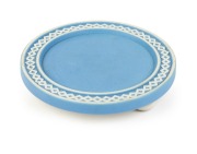 WEDGWOOD antique English blue Jasper Ware pottery trivet, 19th century, impressed "WEDGWOOD, ENGLAND", 12cm diameter