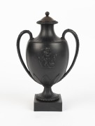 WEDGWOOD & BENTLEY antique English black basalt pottery urn (with later lid), circa 1775, stamped "WEDGWOOD & BENTLEY, ETRURIA", 17.5cm high excluding lid