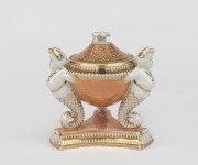 CHAMBERLAIN WORCESTER antique English porcelain lidded inkwell with mermaid supports and hand-painted vignette of a country manor titled "PROSPECT HOUSE", circa 1830, factory mark and title to base, 12cm high