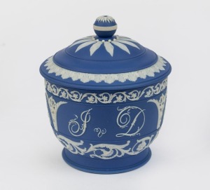 ADAMS antique English blue and white Jasper Ware pottery covered sucrier with classical borders and monogram initials, circa 1790, factory mark erased at a later date, 13cm high