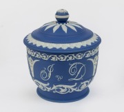 ADAMS antique English blue and white Jasper Ware pottery covered sucrier with classical borders and monogram initials, circa 1790, factory mark erased at a later date, 13cm high