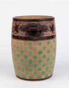 DAVENPORT antique English Cane Ware wine cooler with mask head handles, hand-painted grape frieze and unusual checkerboard motif finished in green highlights, circa 1820, 25cm high