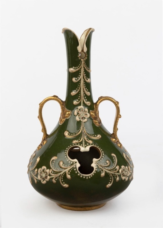 WEDGWOOD olive glaze bottle shape vase designed by Harry Barnard with pierced and applied slip decoration, circa 1925, impressed "WEDGWOOD", 18cm high