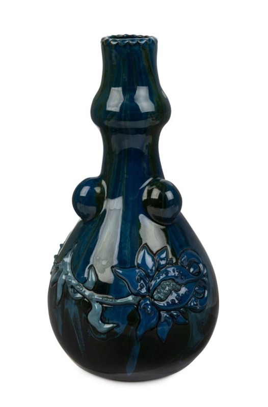 EDMUND ELTON English art pottery double gourd shaped vase on blue ground with applied floral decoration, circa 1882, signed "ELTON", 19cm high