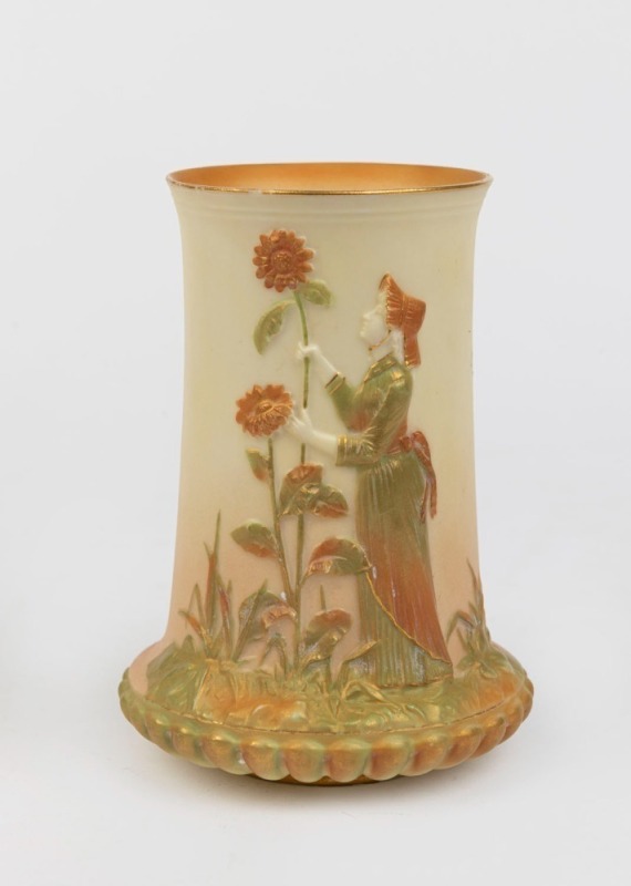 ROYAL WORCESTER antique English porcelain spill shape vase with Aesthetic Movement moulded relief of a lady with sunflowers, designed by Hadley, circa 1890, puce factory mark to base, 13cm high