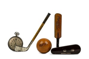 ADVERTISING WARE: Five novelty miniature tins in the form of a cricket bat, violin case, football, watch and hockey stick, 19th and 20th century, (5 items), the largest 15cm long