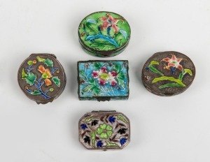 Five assorted Chinese enamel boxes, silver and copper, 20th century, the largest 3.3cm wide