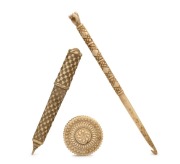 An antique whalebone crochet hook with carved fist decoration, together with a whalebone needle case with basket weave motif and an antique pocket hygrometer in turned ivory case (note: oatbeard and pointer absent), 19th century, (3 items), the largest 16
