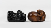 An antique Japanese carved wooden netsuke, Edo/Meiji&nbsp;Period; together with a carved boxwood rat netsuke, late Meiji Period, 20th century, (2 items). the larger 4.5cm wide