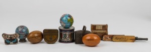 ADVERTISING WARE: Group of eleven assorted novelty confectionery tins, pencil sharpener, miniature globes etc., 19th/20th century, the largest 11.5cm long