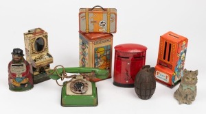 Nine assorted vintage and antique money boxes, the largest 16cm high