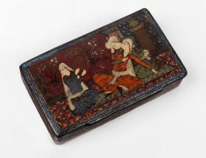 An antique Persian papier-mâché box with hand-painted decoration, 19th century, 13cm wide