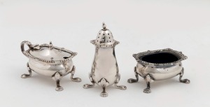 A vintage Australian silver three piece condiment set, 20th century, the pepper pot 8cm high, 186 grams total