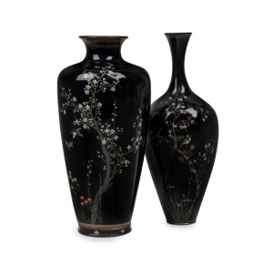 Two antique Japanese cloisonne bird and blossom vases with silver wire on dark ground, Meiji period, 19th/20th century, 15cm and 14.5cm high