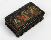 A Russian Palekh&nbsp;hand-painted lacquered box, signed lower centre and dated 1959, ​​​​​​​6cm high, 20.5cm wide, 12cm deep