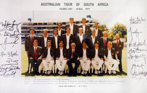 1997 AUSTRALIAN TEAM, official team photograph with title "Australian Tour of South Africa, February - April 1997", with 14 signatures on mount including Mark Taylor, Steve Waugh, Glenn McGrath & Shane Warne, size 42x28cm.