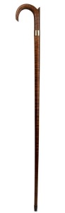 An antique Australian fiddleback blackwood walking stick with 15ct rose gold collar and steel ferrule, 19th/20th century, 91cm high