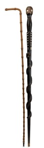 An antique walking cane, together with a tribal walking stick inlaid with pearl shell, 20th century, both 91cm high