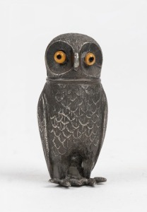 An antique silver finish cast owl pounce pot with glass eyes, 19th century, 8cm high