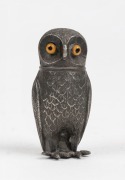 An antique silver finish cast owl pounce pot with glass eyes, 19th century, ​​​​​​​8cm high