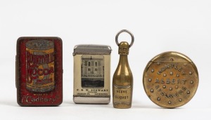 Four assorted advertising ware vestas including "BOURNVILLE COCOA, CADBURY", "VEUVE CLIQUOT", "HUNTLEY ALBERT & PALMERS" and "F. & W. STEWART JEWELLERS LAUNCESTON", 19th/20th century, ​​​​​​​the largest 7cm high