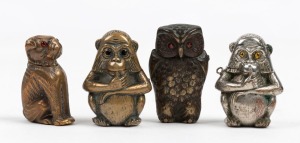 Four assorted novelty vestas including a two monkey examples, an owl and a pug dog, 19th/20th century, the owl 6cm long