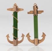 Two antique New Zealand greenstone anchor brooches mounted in 9ct rose gold with engraved decoration, 19th century, ​​​​​​​6.3cm long