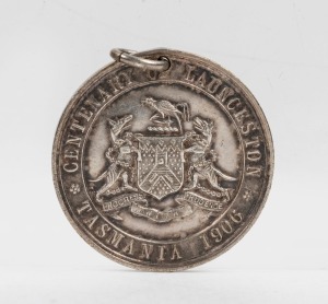 1906 Centenary of Launceston, silver fob by Stokes & Sons for F. & W. Stewart, Jewellers, dedicated "To the Children of Launceston", 20mm, pierced for suspension.