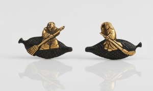 MENUKI pair of antique Japanese bronze sword fittings with figural decoration and gilt finished highlights, 19th century,
