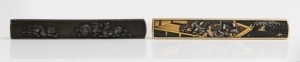 KOZUKA two Japanese knife handles in copper and bronze (signed on reverse), and shakudu inset with silver and gold, 19th century, 9.5cm long